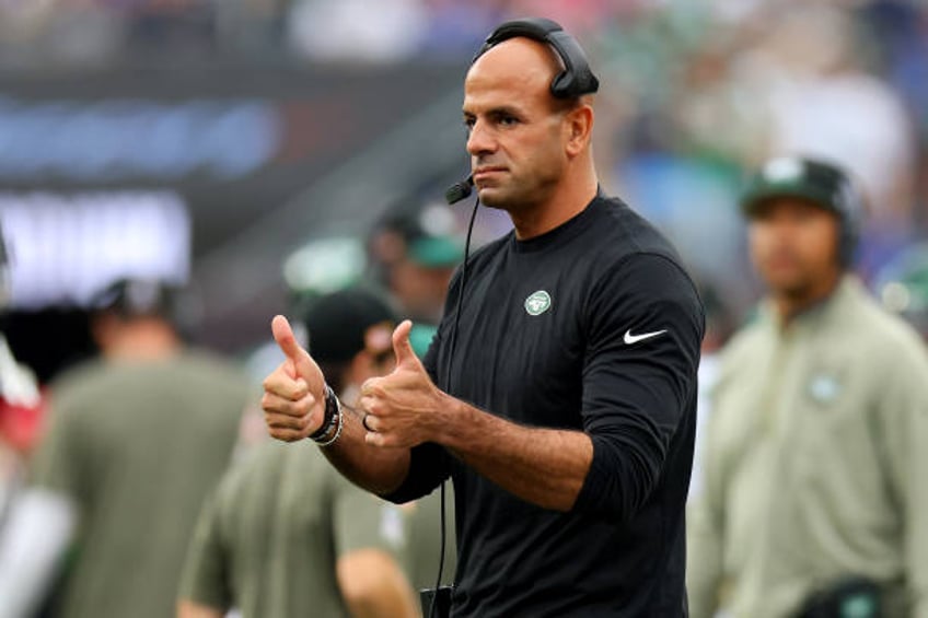 Head coach Robert Saleh of the New York Jets looks on during the second half of a game against the Buffalo Bills at MetLife Stadium on November 06,...