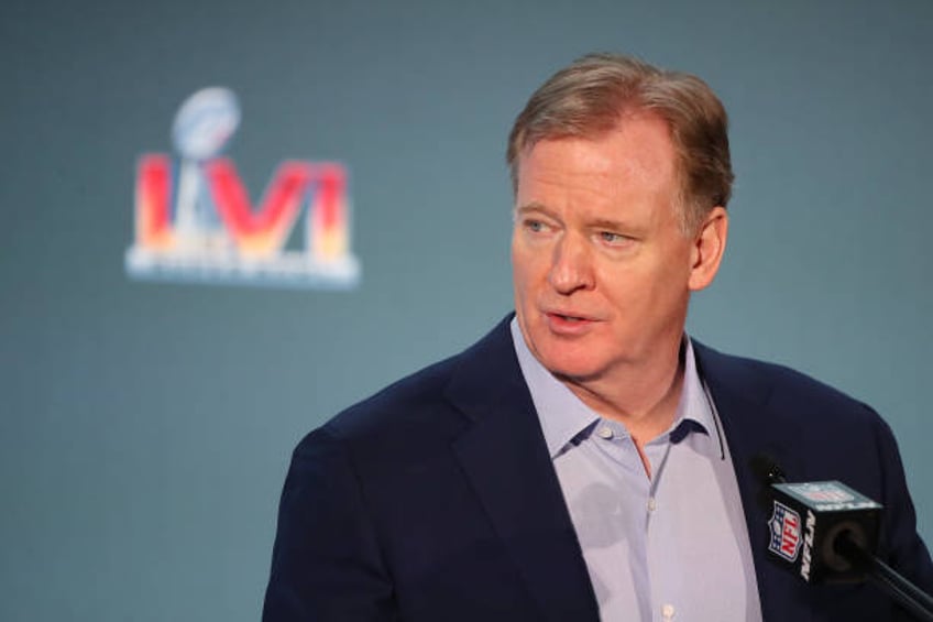 Commissioner Roger Goodell speaks to the media during the Super Bowl LVI head coach and MVP press conference at Los Angeles Convention Center on...