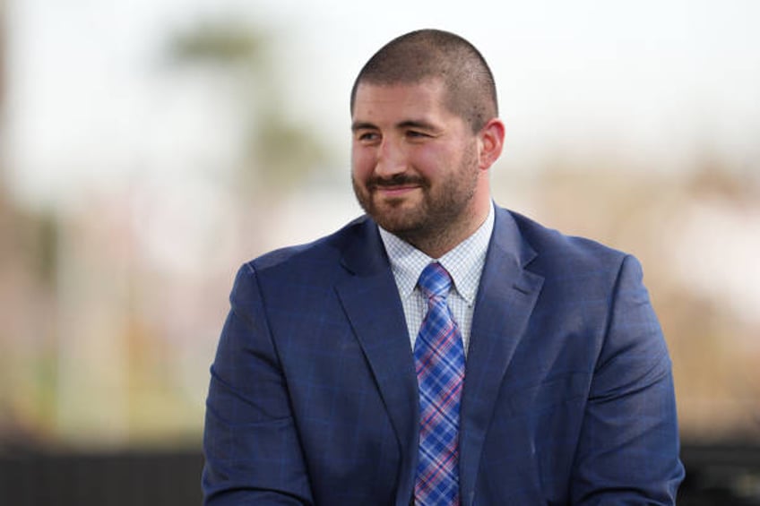 President JC Tretter speaks at a press conference prior to Super Bowl LVI at the NFL Media Building on the SoFi Stadium campus in Inglewood,...