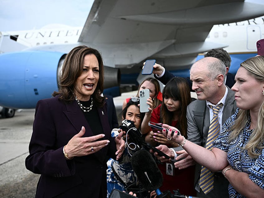 US Vice President and Democratic presidential candidate Kamala Harris speaks to reporters