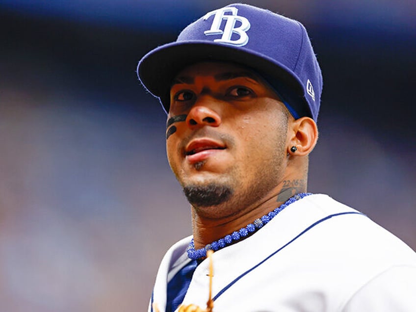 Wander Franco #5 of the Tampa Bay Rays looks on during the fifth inning against the Clevel