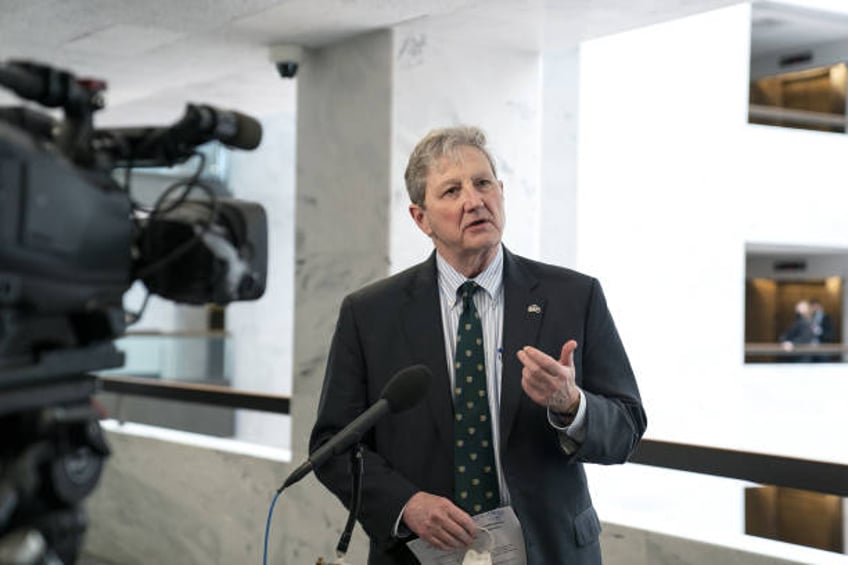 Senator John Kennedy, a Republican from Louisiana, speaks to members of the media as he departs Senate Republican policy luncheon at the Hart Senate...