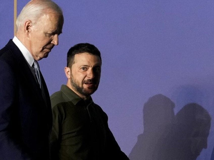 U.S. President Joe Biden, left, and Ukraine's President Volodymyr Zelenskyy leave aft