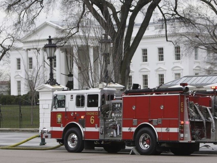 A firetruck is parked outside of the White House in Washington, Dec. 19, 2007. A fake 911 call that the White House was on fire sent emergency vehicles to the complex Monday morning. President Joe Biden and his family were at Camp David at the time. (Ron Edmonds, File/AP)