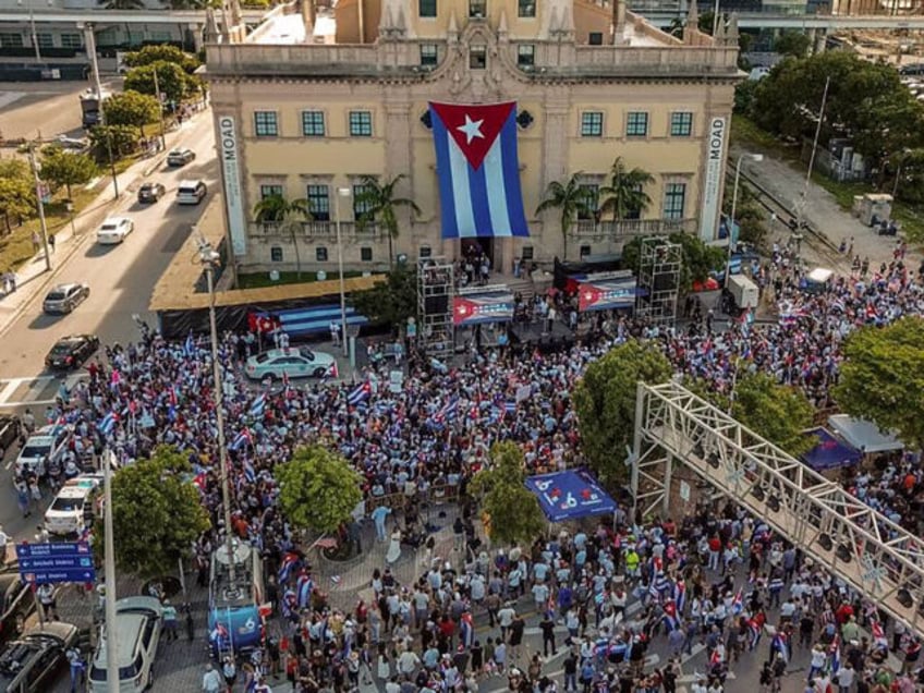 Protesters gather during Rally for Democracy in Cuba at Miami Dade Collegeís Freedom Towe