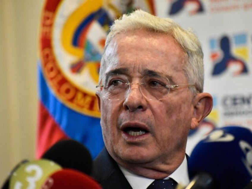 Colombian former president Alvaro Uribe (2002–2010) speaks during a press conference aft