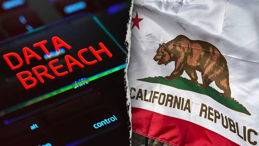 data breach sign, left; California flag, right