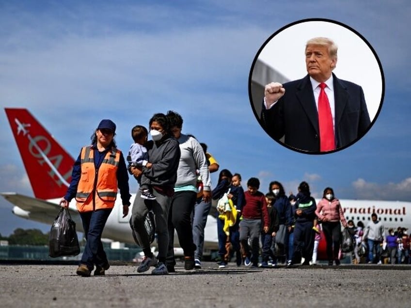 Guatemalan migrants deported from the United States walk on the tarmac after landing at th