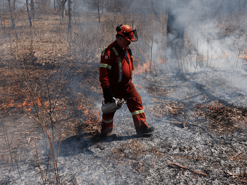 TORONTO, ON - April 17 - A member of the Lands & Forests Consulting burn team walks throug