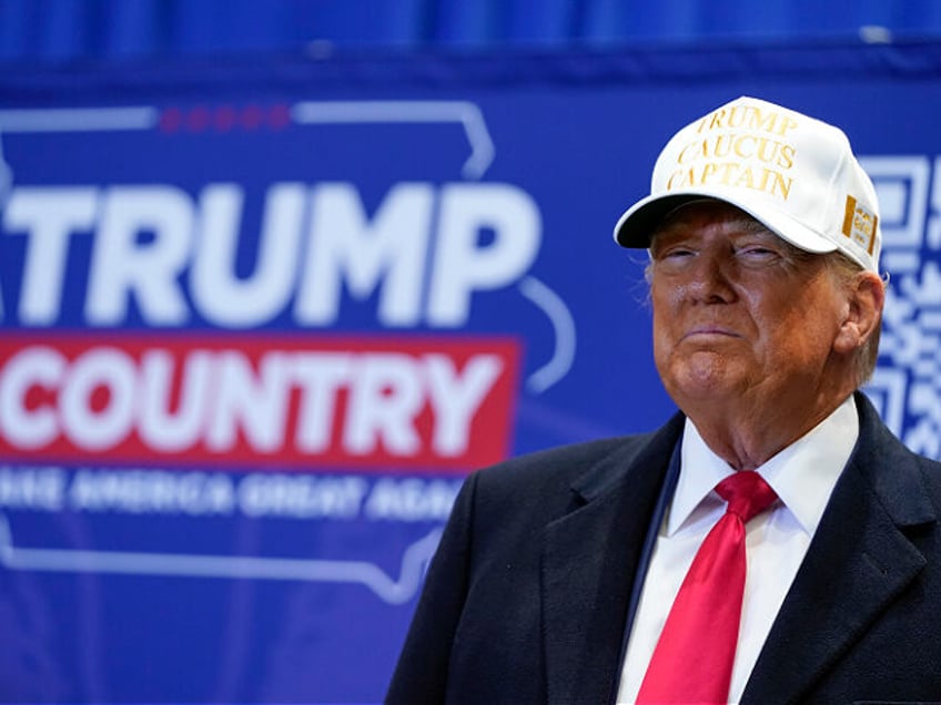 Republican presidential candidate former President Donald Trump arrives to speak at a rally at Simpson College in Indianola, Iowa, Sunday, Jan. 14, 2024. (AP Photo/Andrew Harnik)