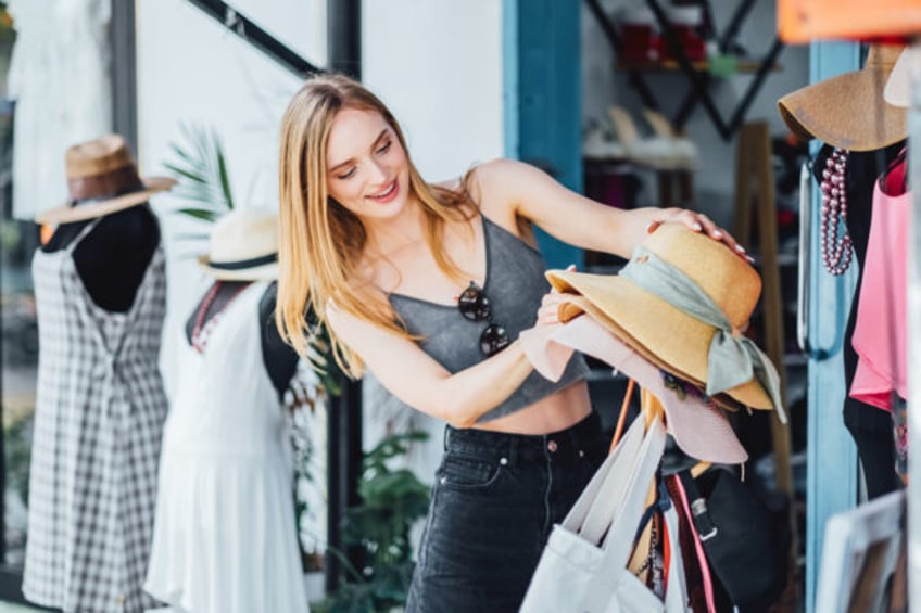 Thrift store, second hand shopping, garage sales and eco-friendly life concept.