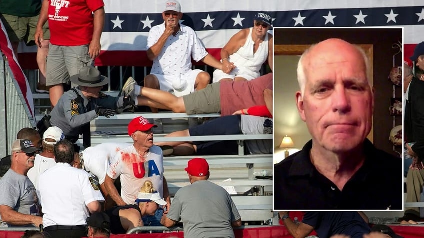 People on bleachers (Background) Man looking forward (Right)