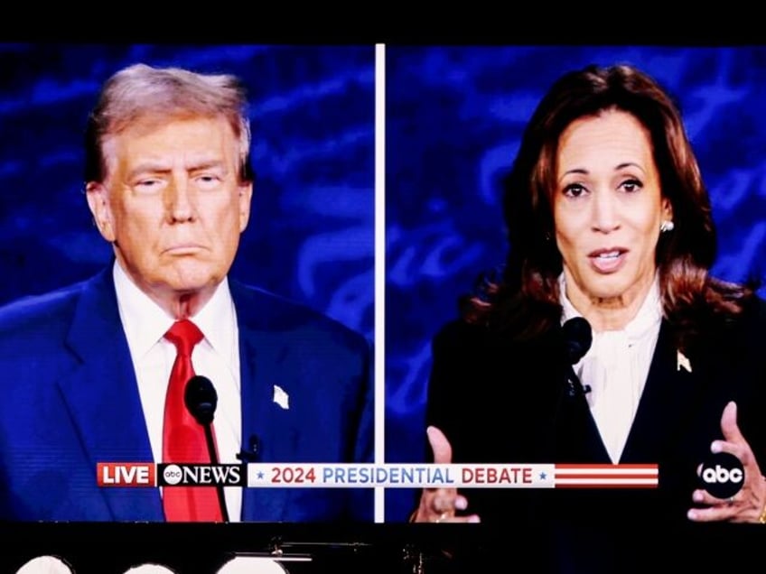 Former US President Donald Trump and US Vice President Kamala Harris are shown on screen i