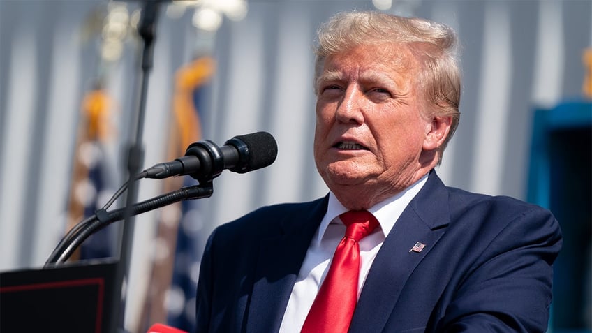 Donald Trump closeup shot at podium with microphone