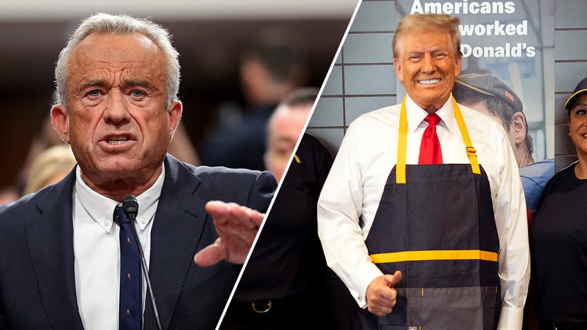 RFK Jr. and Trump in McDonald's apron smiling photo split