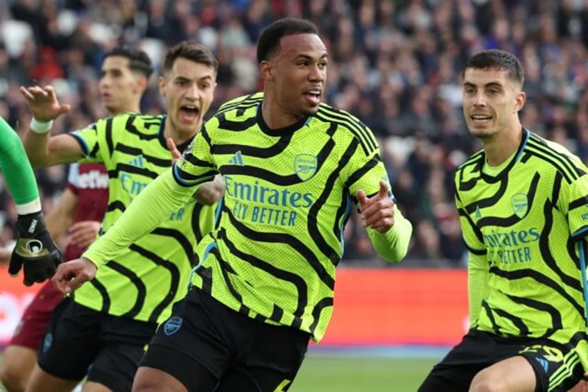 Gabriel Magalhaes (centre) scored in Arsenal's 6-0 thrashing of West Ham