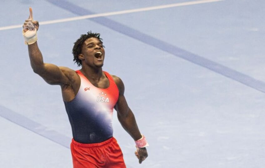 Fred Richard reacts after his floor exercise at the US Olympic gymnastics trials