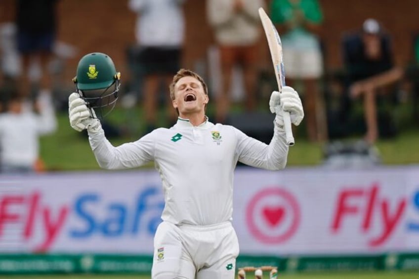 South Africa's Ryan Rickelton celebrates his maiden Test hundred