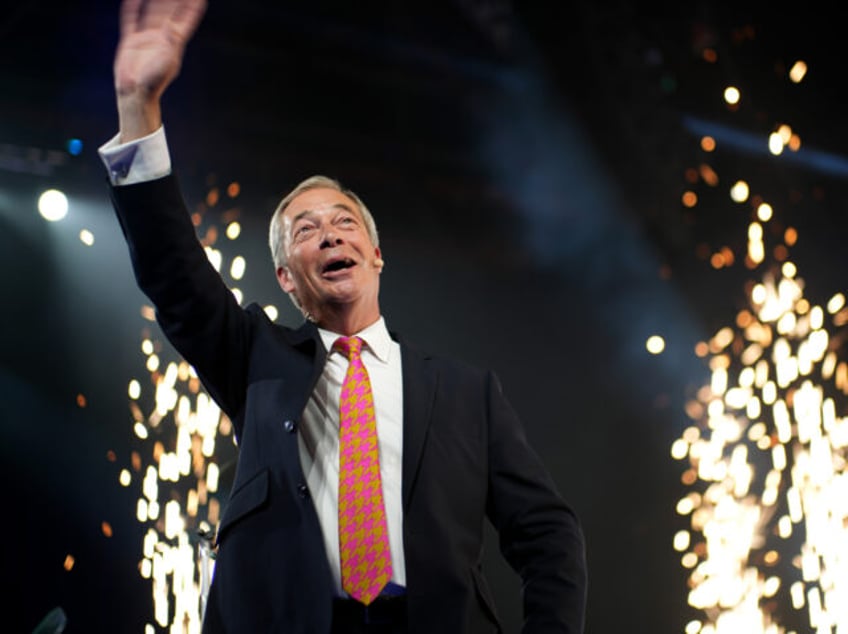 BIRMINGHAM, ENGLAND - SEPTEMBER 20: Nigel Farage Leader of Reform UK, gives a speech at th