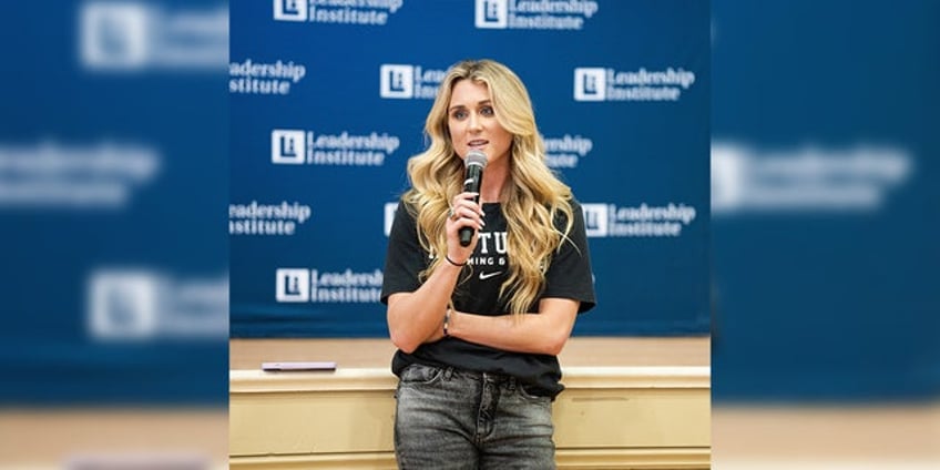 riley gaines laughs at protestors questioned by conservative activist at leadership institute grand opening