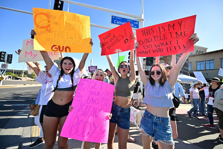 Pro-abortion rights demonstrators rally in Scottsdale, Arizona on April 15, 2024. The top court in Arizona on April 9, 2024 ruled a 160-year-old near total ban on abortion is enforceable, thrusting the issue to the top of the agenda in a key US presidential election swing state. (Photo by Frederic J. Brown / AFP) (Photo by FREDERIC J. BROWN/AFP via Getty Images)