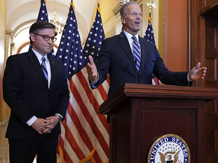 Speaker of the House Mike Johnson, R-La., left, and Senate Majority Leader John Thune, R-S