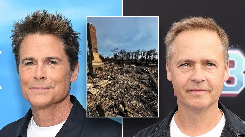 Rob Lowe soft smiles in a black jacket and white t-shirt on the carpet split Chad Lowe in a black jean jacket and white shirt looks at the camera on the carpet inset a photo of Chad Lowe's home burned to the ground with only a chimney standing