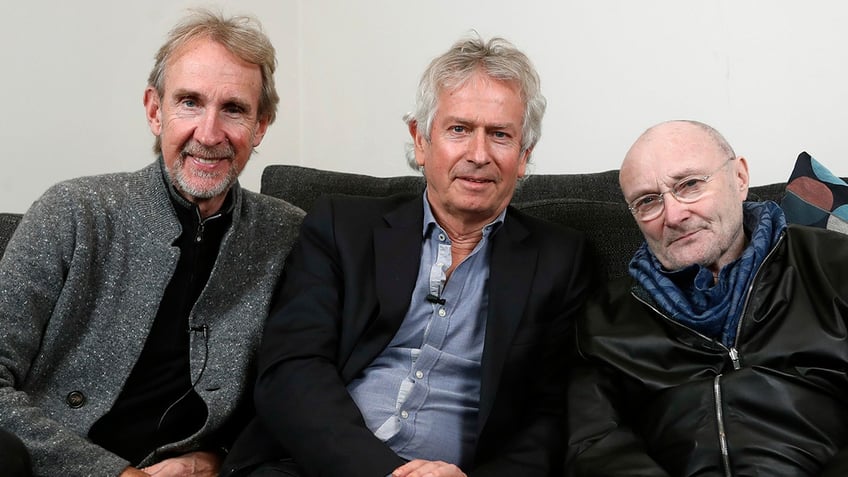 In this March 4, 2020, photo, Genesis band members from left, Mike Rutherford, Tony Banks, and Phil Collins pose during an interview in London.