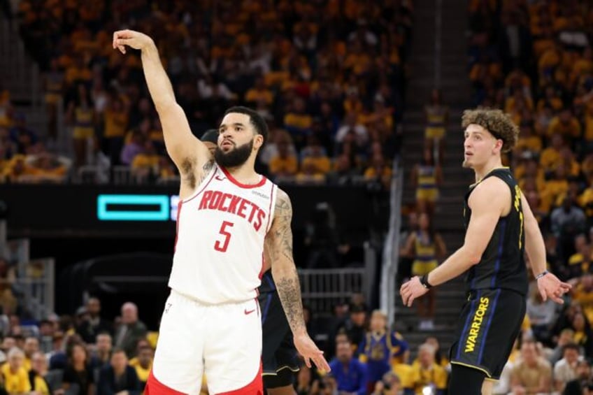 Fred VanVleet of the Houston Rockets reacts to a three point basket in the Rockets' victor