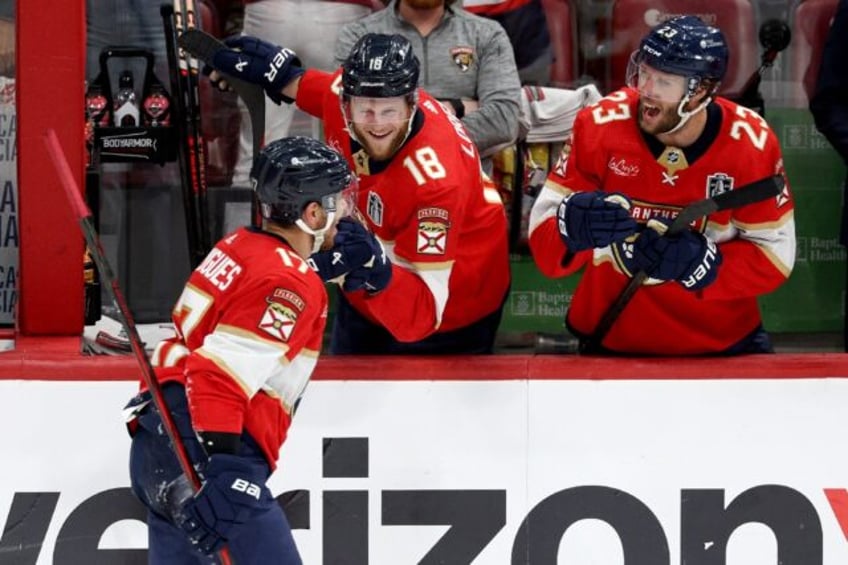 Evan Rodrigues celebrates after firing Florida into a 3-1 lead in their Stanley Cup Final