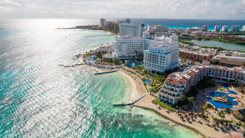 Aerial panoramic view of Cancun city beaches on sunny day