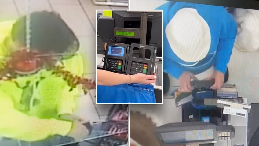 Skimmer installation split with police officer holding fake and real credit card swipers side by side