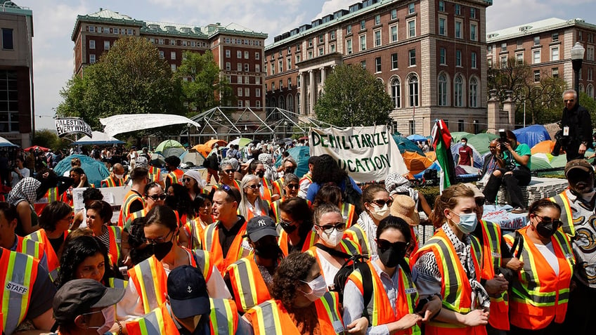 Student protesters gather in protest inside their encampment on the Columbia University campus