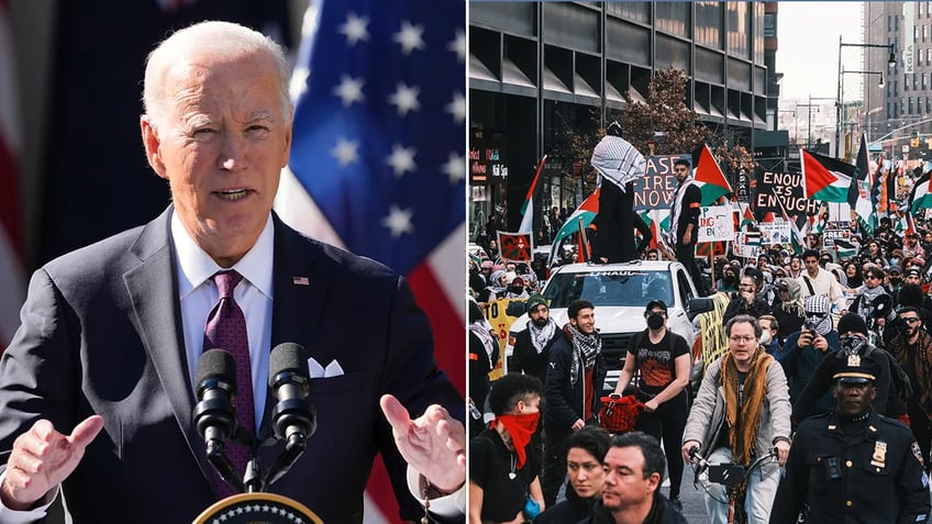 President Biden and pro-Palestinian protesters split image
