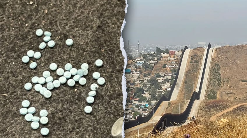 fentanyl pills on ground; border wall along rolling hills