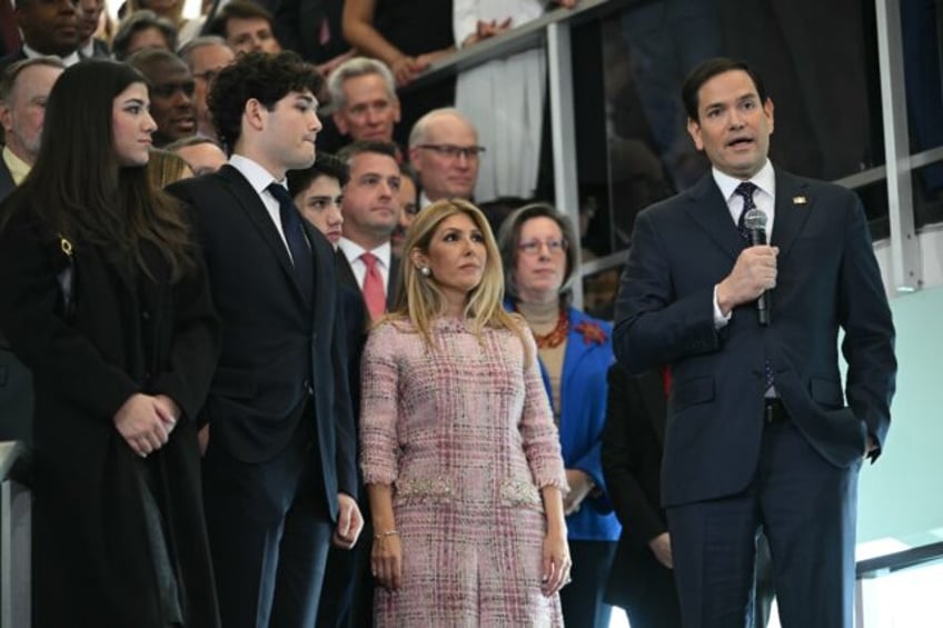 US Secretary of State Marco Rubio speaks to employees upon arrival at the State Department