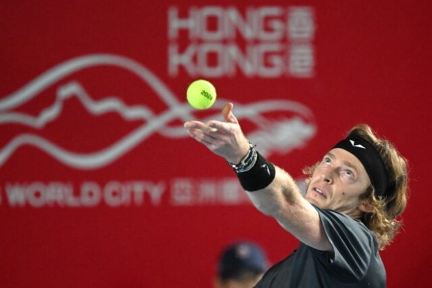 Russia's Andrey Rublev serves to France's Arthur Fils during their men's quarter-final at the Hong Kong Open