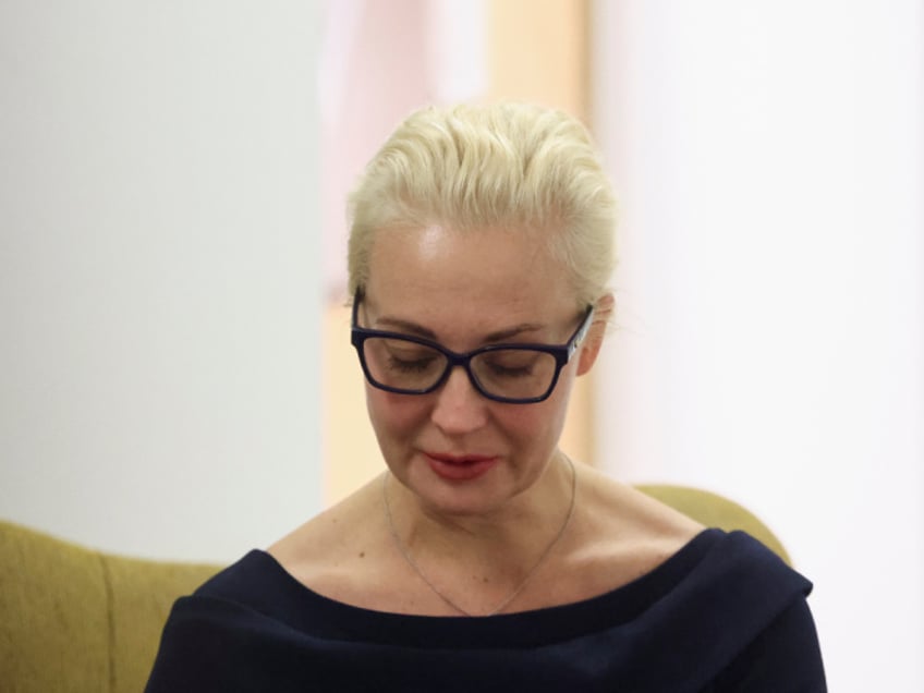 Leading Kremlin critic Alexei Navalny's widow Yulia Navalnaya reacts on the sidelines of a meeting of European Union Foreign Ministers in Brussels, Belgium, on February 19, 2024. Navalnaya accused Russian president of killing her husband and vowed to continue his work, three days after he died in a Russian Arctic prison. (Photo by YVES HERMAN / POOL / AFP) (Photo by YVES HERMAN/POOL/AFP via Getty Images)