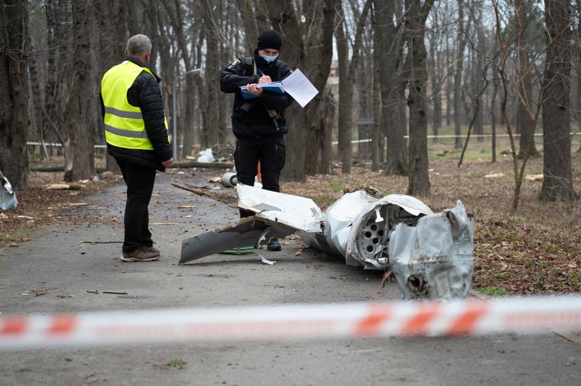 KYIV, UKRAINE - MARCH 24: Ukrainian forces continue to investigate the area where rocket fragments fell in a park in Kyiv, Ukraine on March 24, 2024. Serhiy Popko, the head of the Kyiv City Military Administration, in his statement on the administration's social media account, stated that the Russian army used 'X-101', 'X-555' and 'X-55' type cruise missiles from 'Tu-95MS' type strategic bombers in the attack on Kyiv this morning. Ukrainian Air Force Commander Lieutenant General Mykola Oleshchuk announced that 18 of 29 Russian missiles and 25 of 28 Shahed-136/131 unmanned aerial vehicles were shot down by Ukrainian air defense units. (Photo by Danylo Antoniuk/Anadolu via Getty Images)