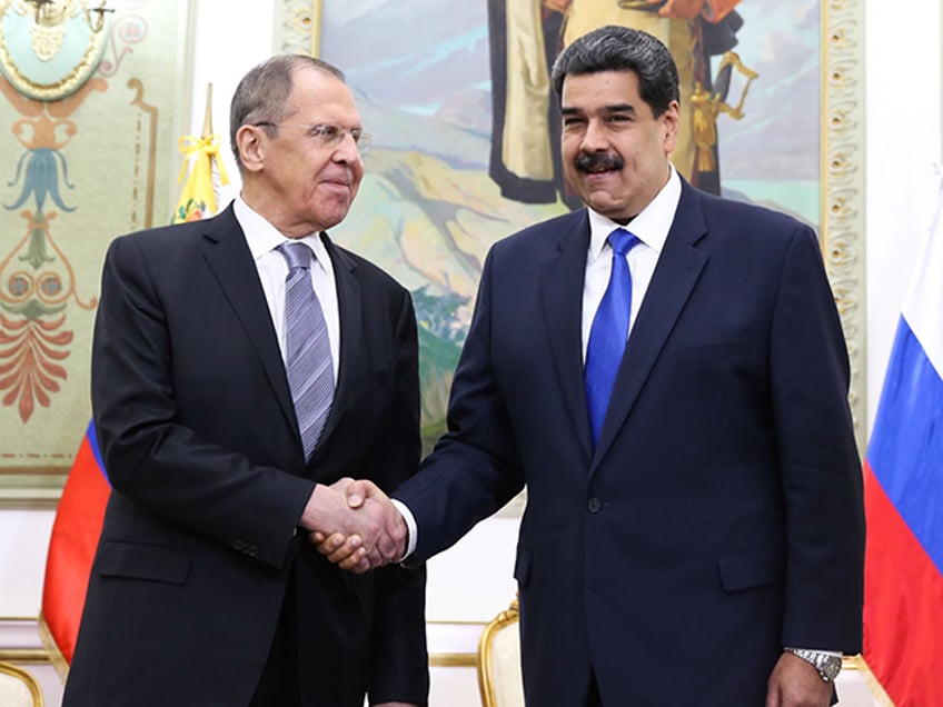 Russian Foreign Minister Sergey Lavrov (L) meets with Venezuelan President Nicolas Maduro in Caracas, Venezuela, Feb. 7, 2020. Sergey Lavrov arrived in Venezuela on Friday to pay an official visit, as part of his tour of Latin America, which has also taken him to Cuba and Mexico. (Photo by Marcos Salgado/Xinhua via Getty) (Xinhua/Sa Erjiaduo via Getty Images)