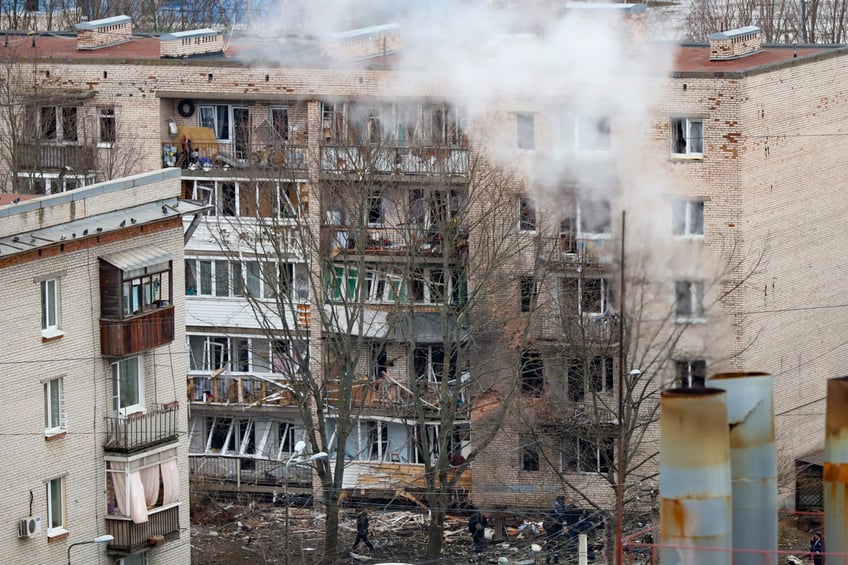 A view of a damaged apartment's building after a reported drone attack in St. Petersburg, Russia, Saturday, March 2, 2024. Russia's state news agency says a drone crashed into an apartment building in St. Petersburg. RIA Novosti said six people received medical help after the explosion rocked the building on Saturday morning, citing the press service of the city’s health care committee. The Mash news site said that the apartment building was hit by a Ukrainian drone. (AP Photo)