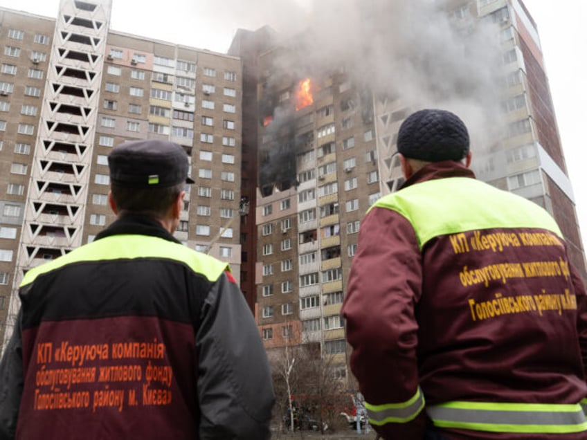 KYIV, UKRAINE - FEBRUARY 07: A view of a burning building as a result of a Russian missile attack as the teams continue to intervene on the region in Kyiv, Ukraine on February 07, 2024. Due to the attack, 4 people were killed, 19 people were injured and 60 people …