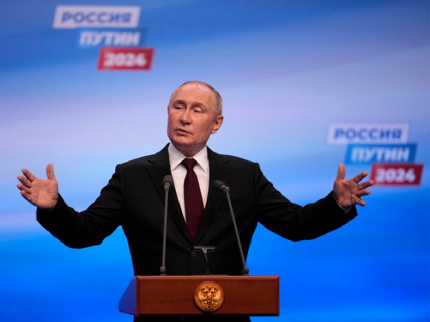 Russian President Vladimir Putin speaks on a visit to his campaign headquarters after a presidential election in Moscow, early Monday, March 18, 2024. (AP Photo/Alexander Zemlianichenko)