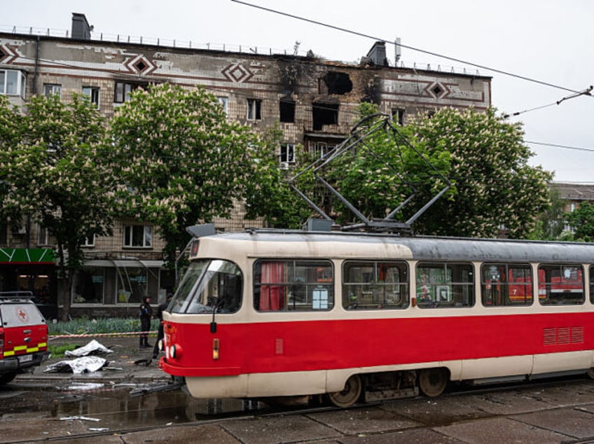 KYIV, UKRAINE - MAY 07: A tram is seen passing by the site of Russian drone attack on Kyiv