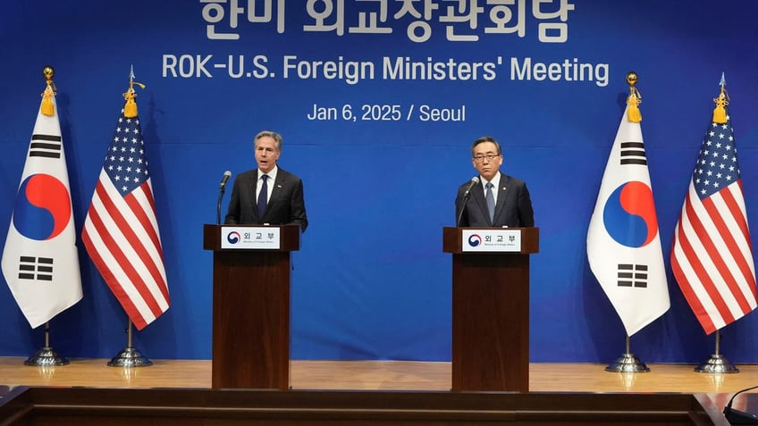 Secretary of State Antony Blinken, left, and South Korean Foreign Minister Cho Tae-yul attend a joint press conference in South Korea.