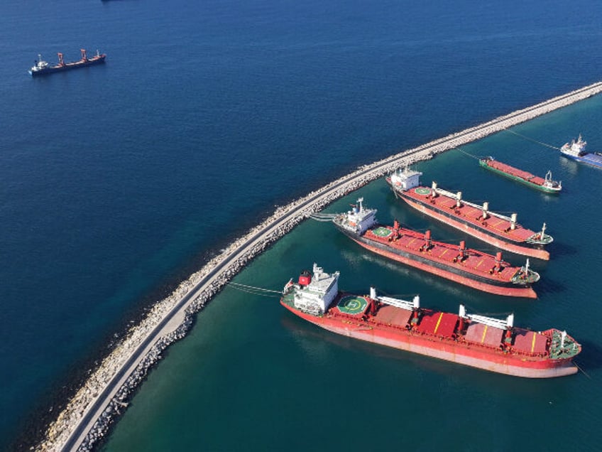 An aerial view shows container ships anchored off the coast of the western Syrian port cit