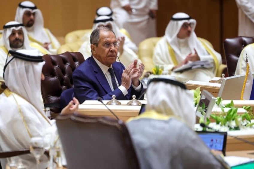 Russian Foreign Minister Sergei Lavrov (C) attends the GCC-Russia Joint Ministrial Meeting