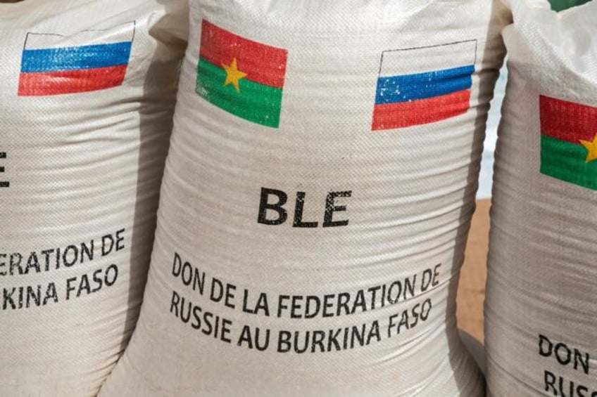 Bags of Russian wheat donated to Burkina Faso were displayed at an official donation ceremony in Ouagadougou. Russia has been stepping its diplomatic and military activities in western Africa