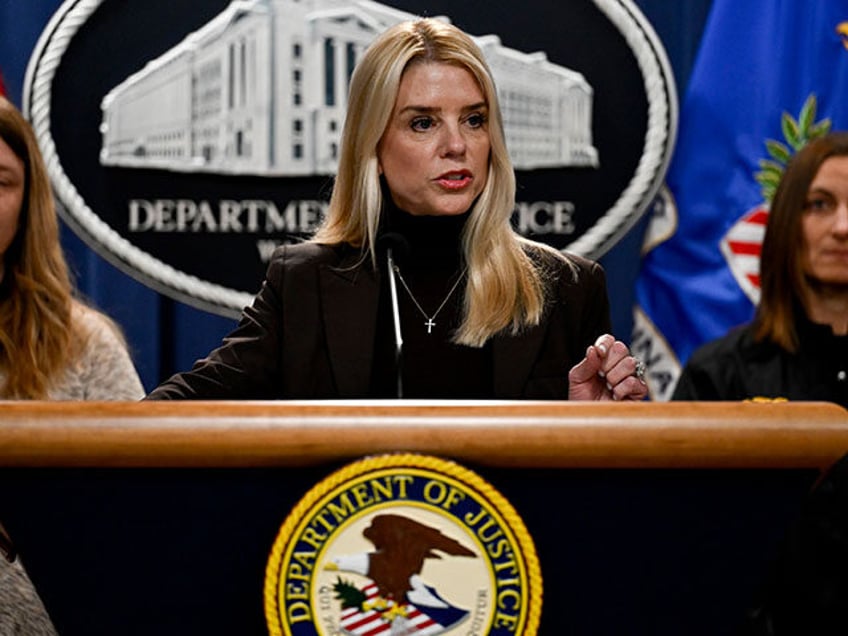 Pam Bondi, US attorney general, center, speaks during a news conference at the Department