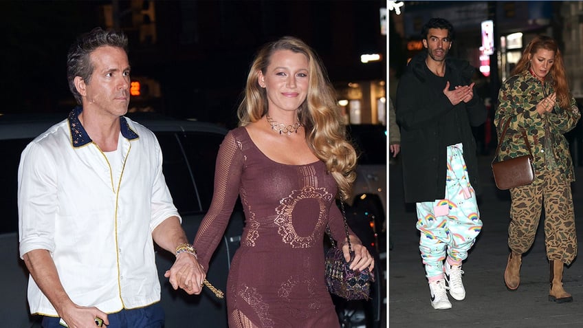 Ryan Reynolds and Blake Lively hold hands and a photo of Justin Baldoni and Blake Lively on set